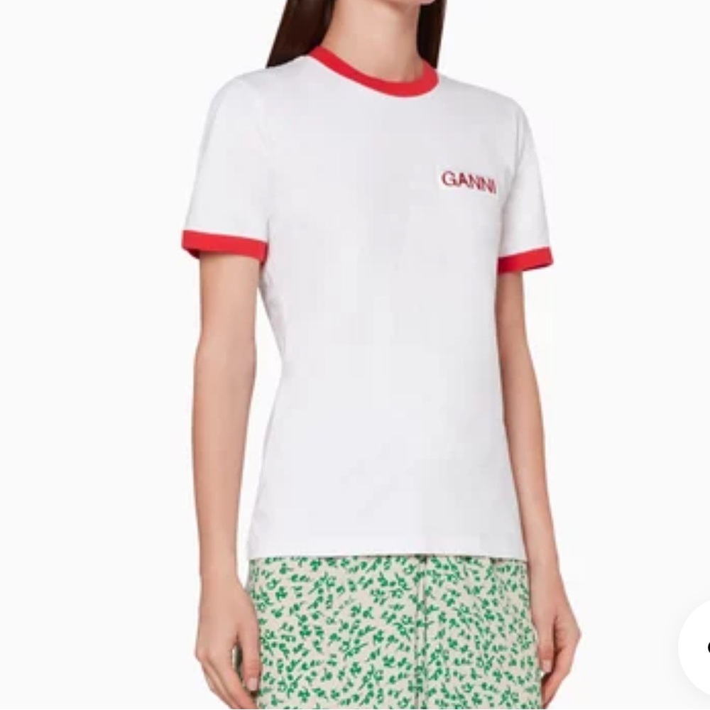 Ganni White Tee with Red Ringer Trim and Logo Ganni Patch, Sz Xsm - Picture 10 of 10